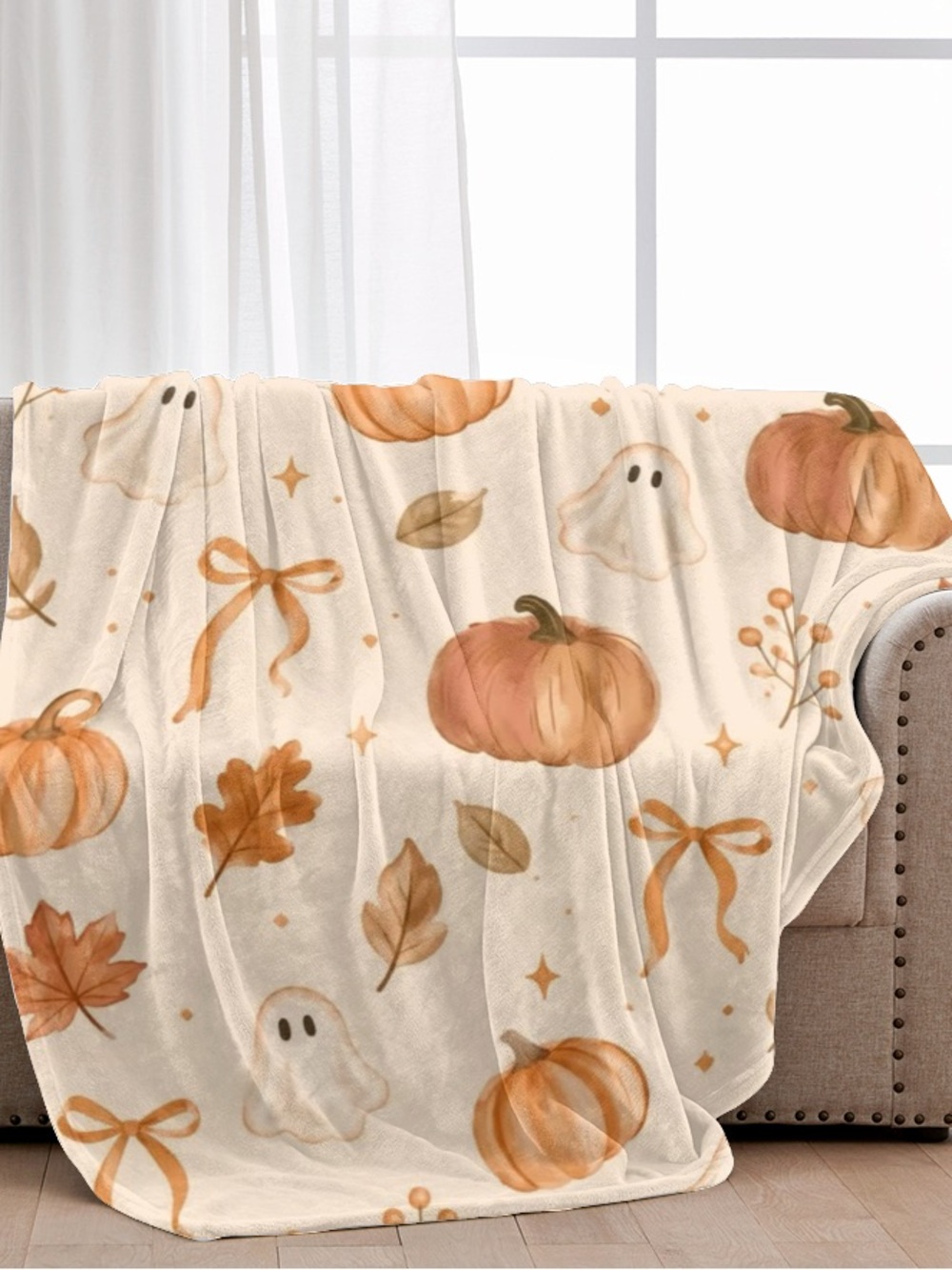 Cozy Halloween Pumpkin & Ghost Throw Blanket - Cream/Orange size 40x50